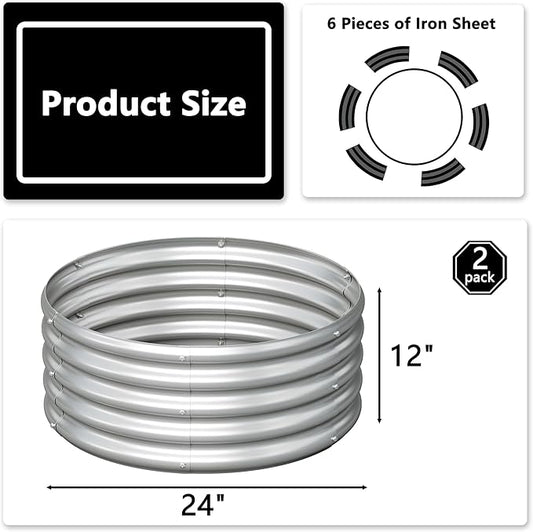 2x2x1ft(2 Pack) Galvanized Round Raised Garden Bed,Outdoor Planter Box Metal Patio Kit Planting Bed for Vegetables Flowers Herb,Silver