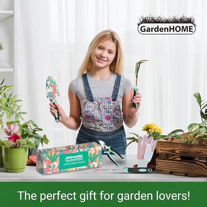 GardenHOME 5-Piece Gardening Tool Kit with Gloves – Durable Floral Garden Tools for Women, Complete Outdoor Garden Set