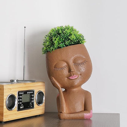 Cute Girl Face Plant Pot Resin Succulent Flower Pot Head Planter Pot for Home Decor Large Plant Holder with Drainage Hole for Indoor and Outdoor