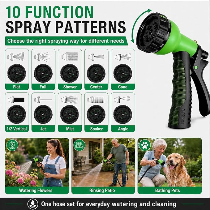 100FT Lightweight Flat Garden Hose for Women & Seniors, Non-Expandable Water Hose with 10-Pattern Spray Nozzle, Easy Storage No-Kink Hose for RV, Patio, Small Backyard, Car Wash & Everyday Watering