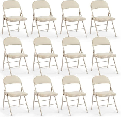 DUMOS 12 Pack Leather Padded Folding Chair, Indoor Outdoor Portable Stackable Commercial Seat with Steel Frame, Capacity for Home, Office, Party, Comfy, Kahki