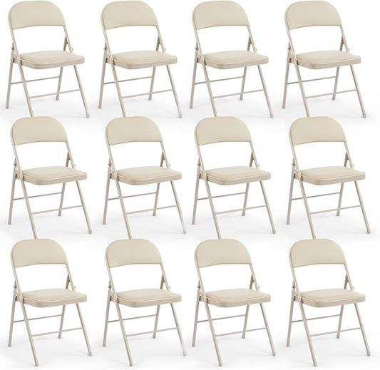 DUMOS 12 Pack Leather Padded Folding Chair, Indoor Outdoor Portable Stackable Commercial Seat with Steel Frame, Capacity for Home, Office, Party, Comfy, Kahki