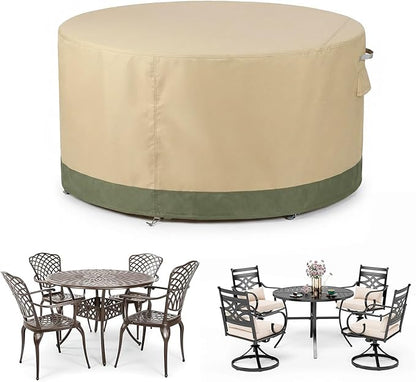 COWVIE Round Patio Dining Set Cover for Outdoor Table and Chairs, 600D Waterproof and UV-Resistant Fabric Patio Furniture Cover with Storage and Air Vent, 108''Dia x 32''H