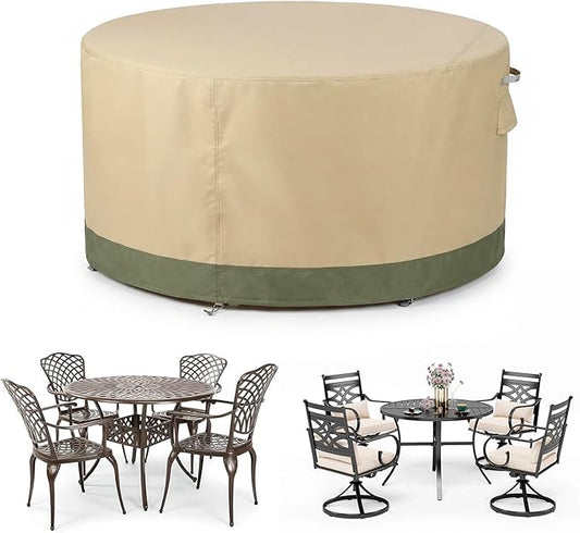 COWVIE Round Patio Dining Set Cover for Outdoor Table and Chairs, 600D Waterproof and UV-Resistant Fabric Patio Furniture Cover with Storage and Air Vent, 96''Dia x 32''H