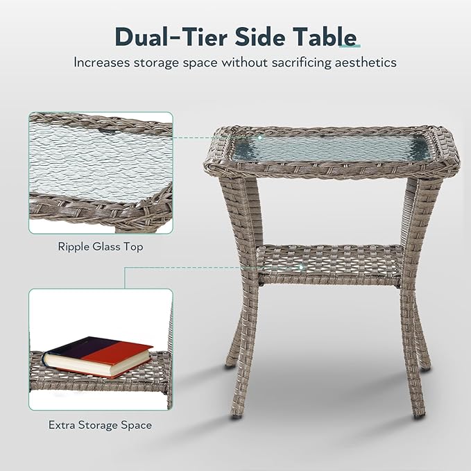 7 Piece Patio Furniture Set with Fire Pit Table - Wicker Patio Conversation Set with Swivel Glider, 3 Seat Sofa, Side Table and 2 Ottomans for Deck Backyard - Grey Wicker Blue Cushion