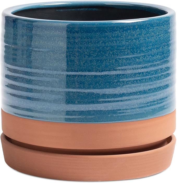 HERDUK 8 Inch Pots for Plants, Ceramic Planter Pot with Drainage Hole & Saucer, Indoor/Outdoor Cylinder Round Planter Pot, Blue & Terracotta