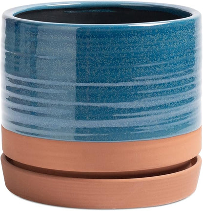 HERDUK 8 Inch Pots for Plants, Ceramic Planter Pot with Drainage Hole & Saucer, Indoor/Outdoor Cylinder Round Planter Pot, Blue & Terracotta