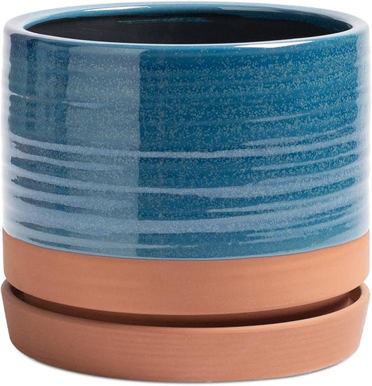 HERDUK 8 Inch Pots for Plants, Ceramic Planter Pot with Drainage Hole & Saucer, Indoor/Outdoor Cylinder Round Planter Pot, Blue & Terracotta