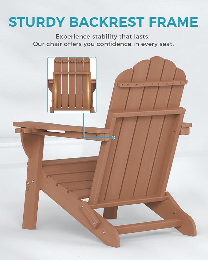 Folding Adirondack Chairs Set of 4,All-Weather HDPE Fire Pit Chair with 2 Cup Holders, Outdoor Chair for Patio Deck Garden Lawn, Teak