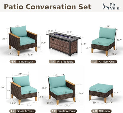 PHI VILLA 9-Seat Outdoor Wicker Furniture Set with 4-inch Thick Cushions, High Back Wicker Sofa with Gas Fire Pit Table for Cozy Patio Conversations in Elegant Blue (3 Seat Sofa)