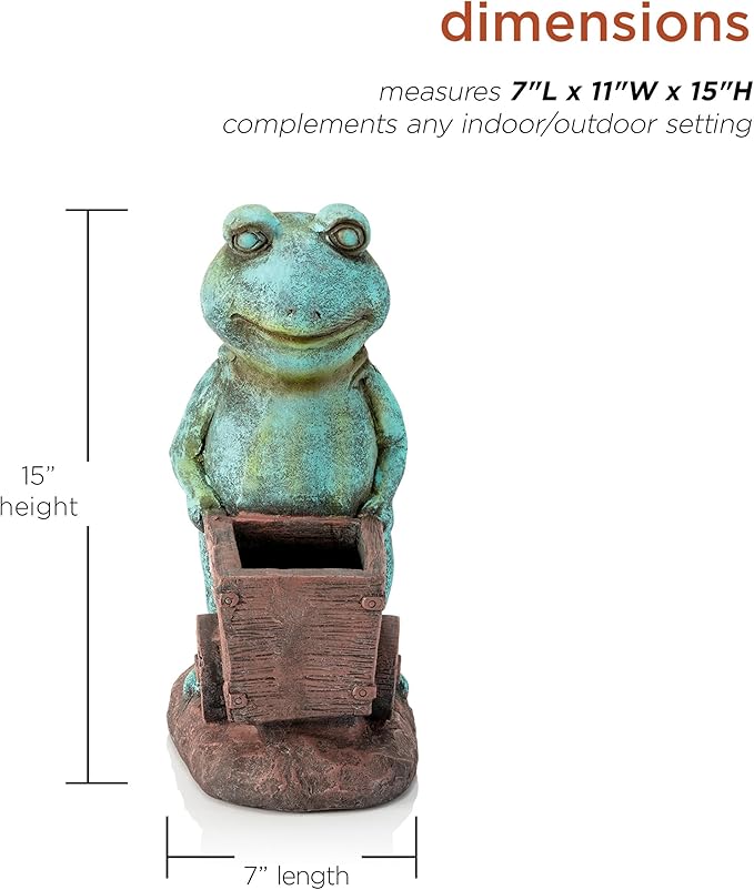 Alpine Corporation ZEN716 Outdoor Frog Pushing Wagon Planter, Garden Statue Decoration, 15" Tall, Green