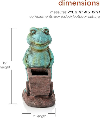 Alpine Corporation ZEN716 Outdoor Frog Pushing Wagon Planter, Garden Statue Decoration, 15" Tall, Green