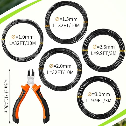 Mudder 5 Roll Aluminum Bonsai Training Wire Tree 1/1.5/2.0/2.5/3mm 118 Feet Total with Bonsai Wire Cutter Anodized Training for Holding Branches Small Trunks(Black)