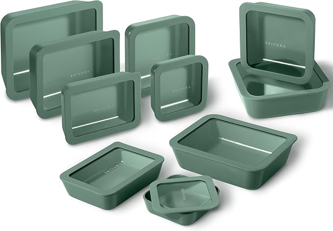 20-Piece Glass Food Storage Containers Set with Lids (10 Containers + 10 Lids) | Microwave-Safe Airtight Seal, Oven-Safe Ceramic-Coated Glass | Zero Plastic, No PFAS/PFOA/BPA [Pine]