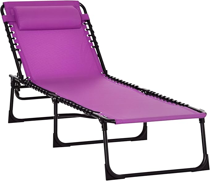 Outsunny Folding Chaise Lounge Chair, Patio Sun Tanning Chair, Outdoor Chaise Lounger with 4-Position Reclining Back, Breathable Mesh Seat for Beach, Poolside, Yard, Purple