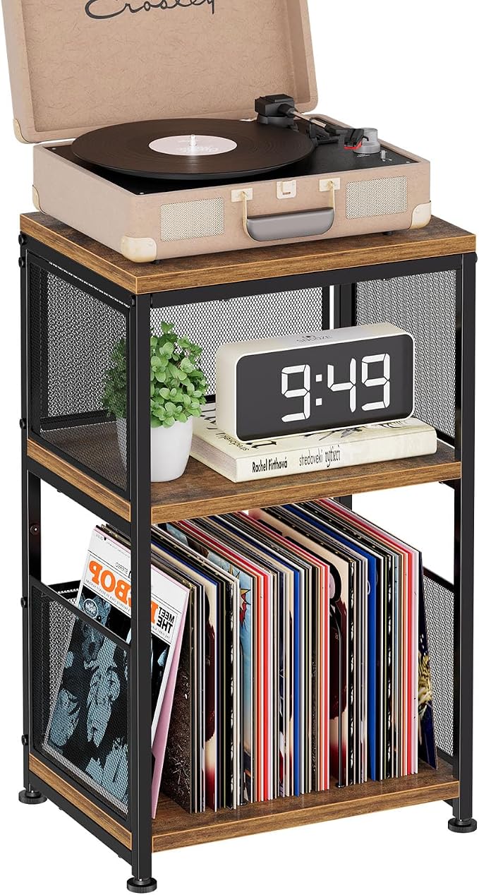 Simple Trending Record Player Stand, Turntable Stand with Vinyl Storage Holds Up to 200 Albums, Large Record Player Table with Adjustable Divider, Rustic Brown