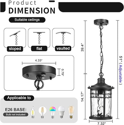 Darkaway Dusk to Dawn Outdoor Pendant Light, 14inch Hanging Porch Light Outdoor Chandelier Ceiling Mount Waterproof Pendant Lights with Water Ripple Glass for Patio Entrance Foyer Entryway