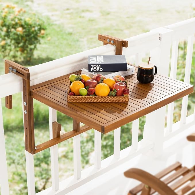 Idzo FSC Acacia Wood Folding Balcony Bar Table for Railings, Adjustable Height & Width, Teak Finish Durable Against Weather, Ideal Spacious Dimension of 27 9/16 x 23 7/16 Inch, Rectangular Design