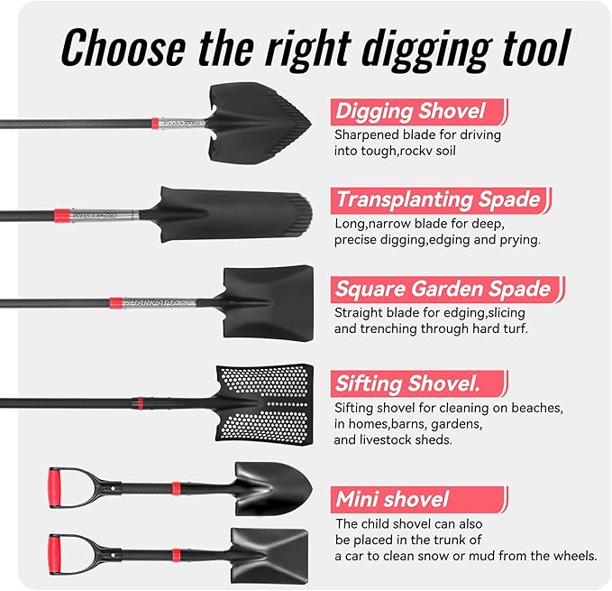 SHARK ATTACK Spade Shovel, 43in Heavy Duty Drain Spade for Digging, Ergonomic No-Slip H-Grip Handles, Oversized Steps and D Handle for Gardening, Land Management, Yard Work, Farming and Transplanting