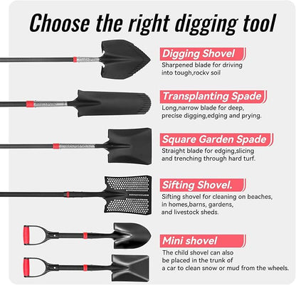SHARK ATTACK 4-Piece Steel Shovel Set with D-Grip Handles - Multi-Size Garden Shovels with Powder Coating for Digging, Planting & Car Emergency