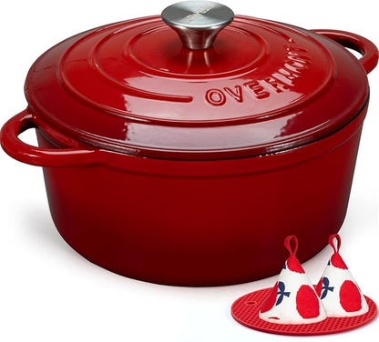 Overmont Enameled Cast Iron Dutch Oven - 7QT Pot with Lid Cookbook & Cotton Potholders - Heavy-Duty Cookware for Braising, Stews, Roasting, Sourdough Baking red