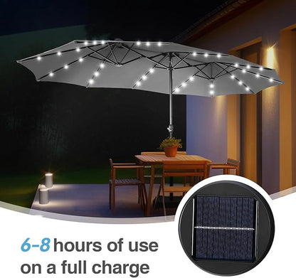 GREEN PARTY 15 ft Rectangle Patio Umbrella with Solar Lights and Base Included, Double-Sided Market Table Umbrella with Crank, Large Outdoor Umbrellas for Patio Poolside Garden Backyard, Smoky Gray
