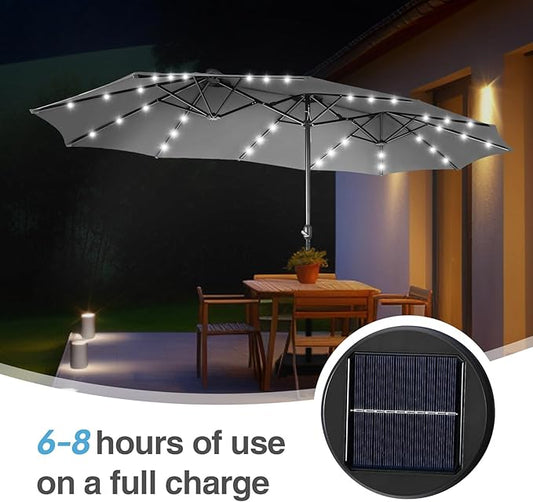 GREEN PARTY 15 ft Rectangle Patio Umbrella with Solar Lights and Base Included, Double-Sided Market Table Umbrella with Crank, Large Outdoor Umbrellas for Patio Poolside Garden Backyard, Smoky Gray