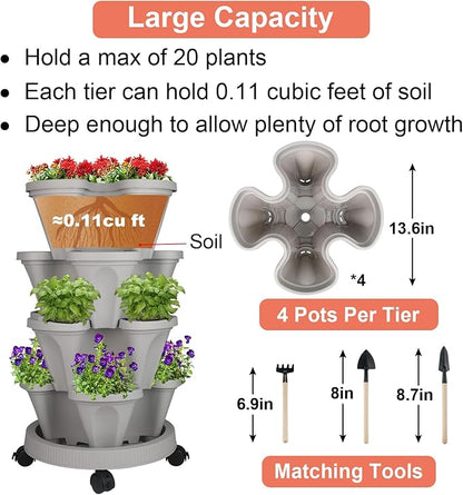GameXcel Vertical Planter Tower- 4 Tier Stackable Garden Planter with Wheels and Tool Set – Grow Strawberries Herbs Flowers and Vegetables - Indoor Outdoor Use Gray