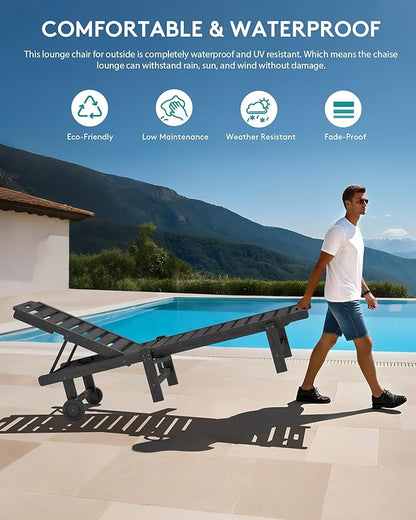 SERWALL Patio Chaise Lounge, HDPE Outdoor Lounge Chair with Cup Holder, 5 Positions Adjustable Poly Lounge Chair with Rolling Wheels for Poolside, Deck, Sunbathing, Grey