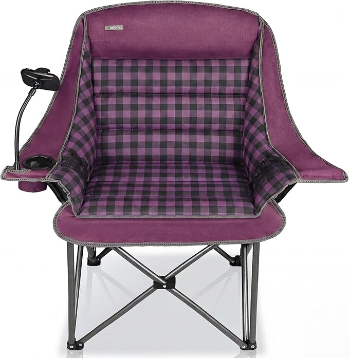 Oversized Camping Chairs for Adults- Heavy Duty Extra Large Lawn Chair,Folding Comfy Padded Camp Chair for Outdoor Sports Garden Beach Fishing,Wide&Thick,Purple Plaid