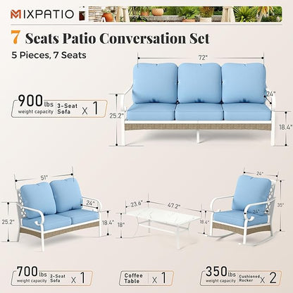 5 Piece Patio Furniture Set, 2 x Rocking Chair, 1 x 2-Seat Sofa, 1 x 3-Seat Sofa with Marbling Coffee Table, All Cushioned 7 Seats Outdoor Conversation Set for Lawn Garden Backyard, Blue