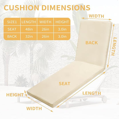 Outdoor Chaise Lounge Cushions for Patio, Lounge Chair Cushions, Waterproof Replacement Seat Pads for Outdoor Furniture (2, Beige, 80"x26"x3")