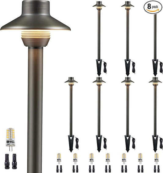 Gardenreet Brass Low Voltage Driveway Lights, 12V Landscape Pathway Light, AC/DC LED Waterproof Bronze Mini Shade Pathway Lamp for Patio House Garden with 3W 270LM 5000K G4 Bulb 8 Pack