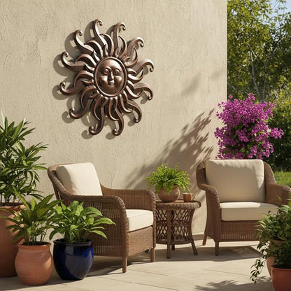 Comfy Hour 25" Bronze Metal Sun Face Wall Art, Antique Vintage Celestial Figurine Style Home Decor, Large Outdoor Garden Sculpture, Patio 3D Decor, Farmhouse Rustic,