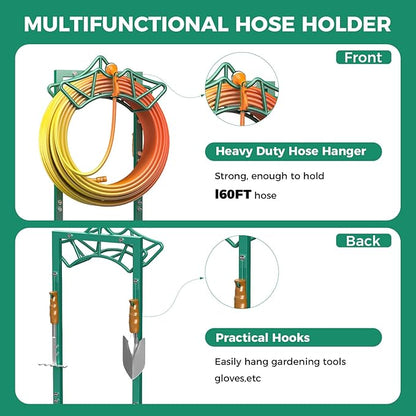 Garden Hose Holder with 2 Tool Hooks, Heavy-Duty Freestanding Hose Holder Holds 160Ft Hoses, Rustproof Freestanding Hose Stand with 4 Spikes Water Hose Hanger Storage Reel Rack for Outside, Yard, Lawn