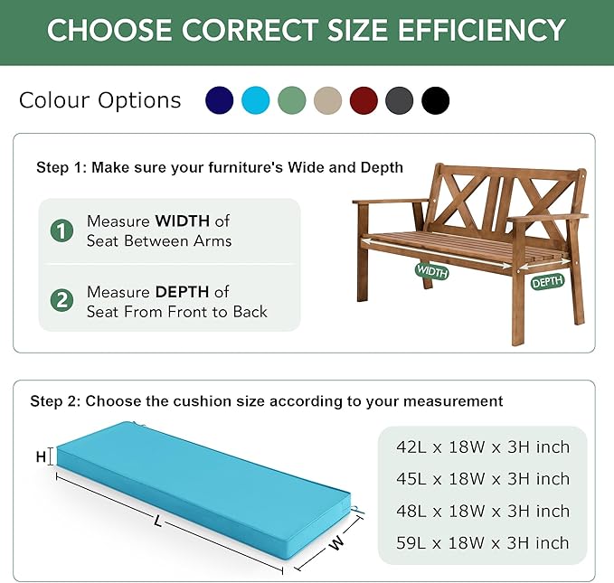Summsun Outdoor Bench Cushion: Waterproof and Fade Resistant Patio Furniture Cushions - Non-Slip Bench Pad Cushion with Removable Cover for Garden Swing Porch Sofa Settee, 59 x 18 Inch, Teal