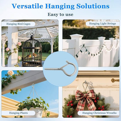 12 Pack Silver Screw Hooks with Safety Buckle - 2.3 Inch Rustproof Eye Ceiling Hooks for Hanging Plants,Outdoor String Lights,Baskets,Christmas Lights & Decor,40lb Capacity (12, Silver)