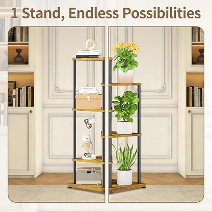 LASZOLA 5 Tier Tall Wood Plant Stand Indoor, Heavy Duty Corner Plant Rack for Large Planters, Multi Level Vertical Metal Flower Holder Display Shelf for Living Room Patio Balcony Garden, Rustic Brown