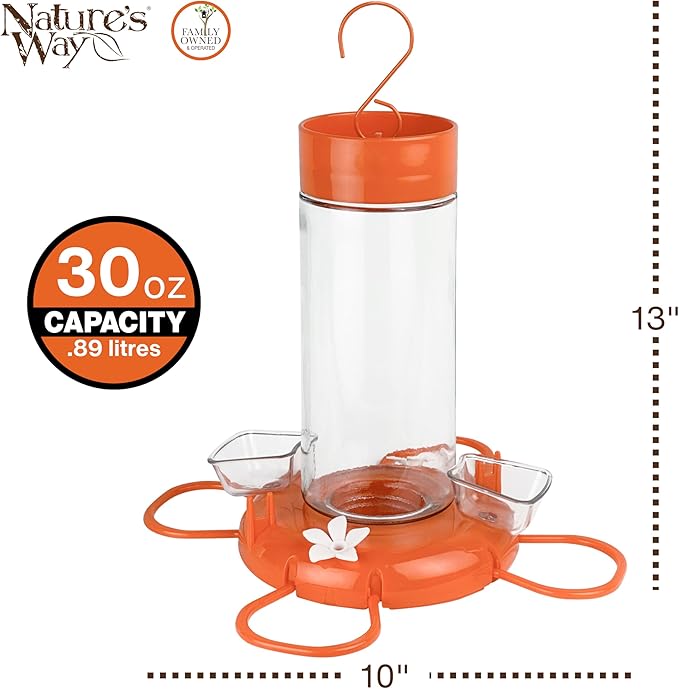 Nature's Way Hanging Glass Oriole Feeder for Outdoor Décor, 30 Ounce Capacity Nectar Feeder, Jelly Dishes, Orange Fruit Holders, 4 Eash to Clean Flexible Ports, Ant Moat, Bee Guards, Orange