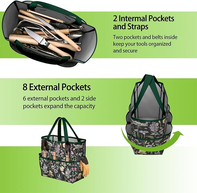 Daisy Flowers Garden Tool Bag - Waterproof Garden Tote with 8 Pockets, Large Storage Home Organizer Gardening Tool Oxford Bag for Garden Tools Kits Holder, Ideal Outdoor Gardening Gift for Women & Men