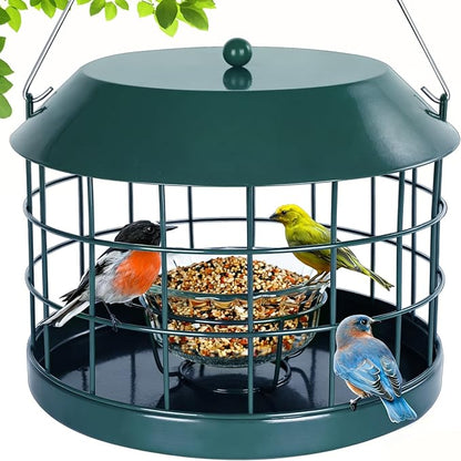 Gbekery Caged Bluebird Feeder for Mealworms with Glass Bowl, Squirrel Proof Bird Feeder for Small Birds Only, Detachable Hook, Large Space, Outdoors Weatherproof, Metal, Green