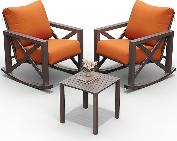UDPATIO Rocking Chair Outdoor Set 2 with Coffee Table, 3 Piece Metal Rocking Bistro Set with 6.5" Water-Resistant Cushions, Oversized, 350lbs Heavy-Duty, for Porch, Patio, Balcony, Orange