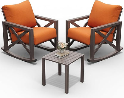 UDPATIO Rocking Chair Outdoor Set 2 with Coffee Table, 3 Piece Metal Rocking Bistro Set with 6.5" Water-Resistant Cushions, Oversized, 350lbs Heavy-Duty, for Porch, Patio, Balcony, Orange