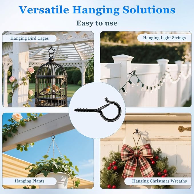 48 Pack Black Screw Hooks with Safety Buckle - 2.3 Inch Rustproof Eye Ceiling Hooks for Hanging Plants,Outdoor String Lights,Baskets,Christmas Lights & Decor,40lb Capacity (48, Black)