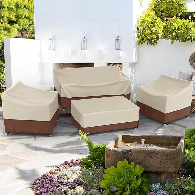 Gasadar Outdoor Furniture Cover Waterproof, Patio Furniture Set Covers for Patio Loveseat, Chair and Coffee Table, 600D Heavy Duty, Beige & Brown