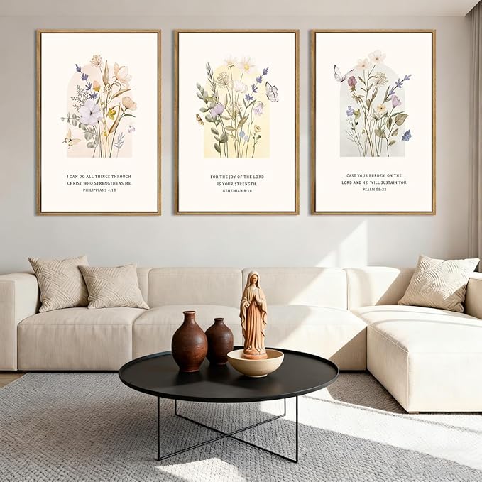 IARTTOP Extra Large Christian Easter Wall Art Framed 24x36 Inch Floral Bible Verse Scripture Art Prints Minimalist Botanical Wildflower Religious Canvas Wall Decor for Living room Bedroom Set of 3