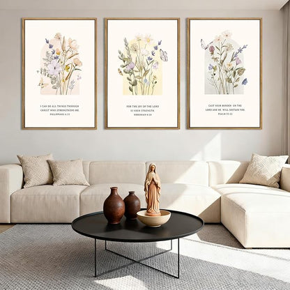 IARTTOP Extra Large Christian Easter Wall Art Framed 24x36 Inch Floral Bible Verse Scripture Art Prints Minimalist Botanical Wildflower Religious Canvas Wall Decor for Living room Bedroom Set of 3