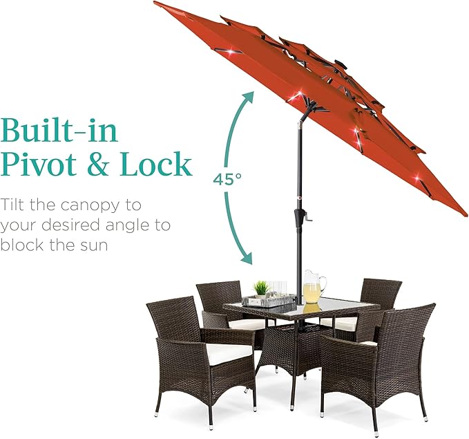 Best Choice Products 10ft 3-Tier Solar Patio Umbrella, Outdoor Market Sun Shade for Backyard, Deck, Poolside w/ 24 LED Lights, Tilt Adjustment, Easy Crank, 8 Ribs - Rust