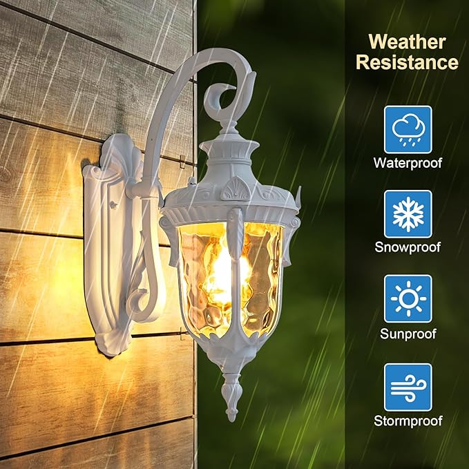 Outdoor Wall Lights, Waterproof Aluminum Porch Wall Light for Outside House, Patio, Yard, Garden, White Gooseneck Exterior Wall Sconce, Hardwired Outdoor Acorn Shape Lantern Lamp, Water Ripple Glass