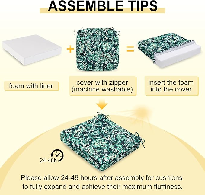 downluxe Outdoor Chair Cushions Set of 4, Waterproof 19" x 19" x 3" Patio Chair Cushion with Non-Slip Ties & Handle, Square Outdoor Cushion for Patio Furniture with Removable Cover, Green Paramecium